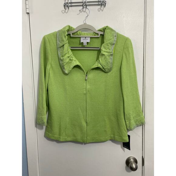 Toula Wool Blend Cardigan Sweater Size 12 Lime Green Rhinestone Ruffled Collar - Picture 1 of 9